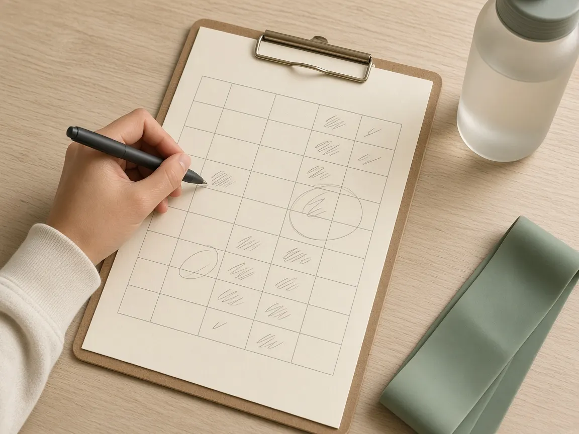 A weekly training plan on a clipboard, being marked up with a pen.