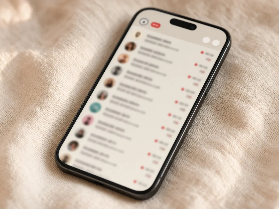 A phone lying on linen, its messaging inbox full of unread conversations.