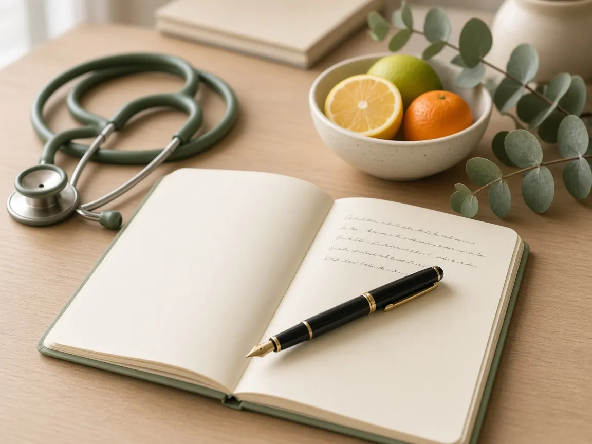 An open notebook with handwritten notes beside a fountain pen, a stethoscope and a bowl of citrus.