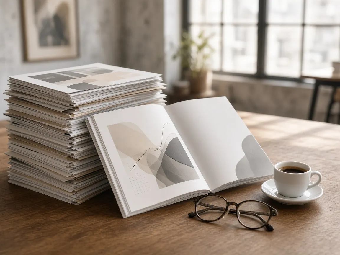 A stack of pitch decks on a wooden table, one open, beside reading glasses and an espresso.