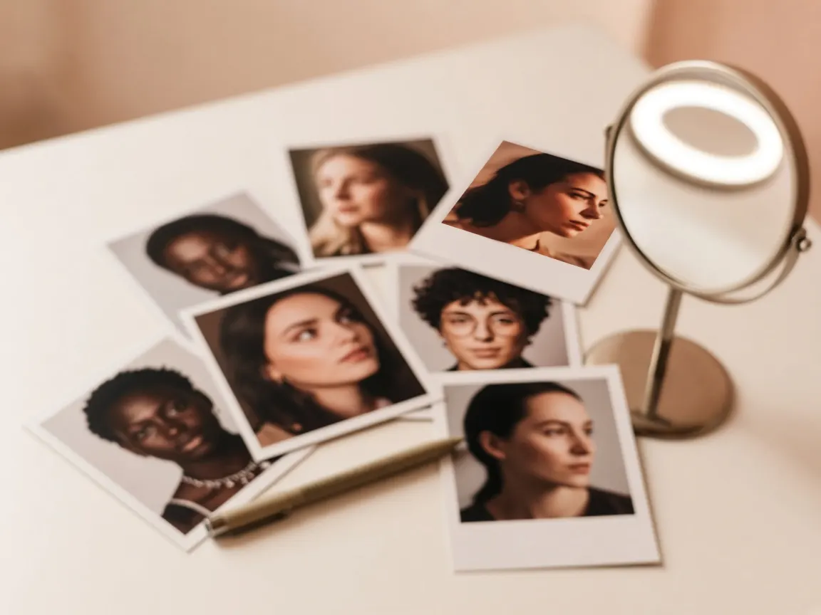 Printed portrait photos fanned out on a table beside a pen and a small lit mirror.