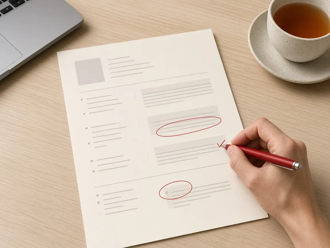 A printed CV on a desk with red-pen circles around two sections.